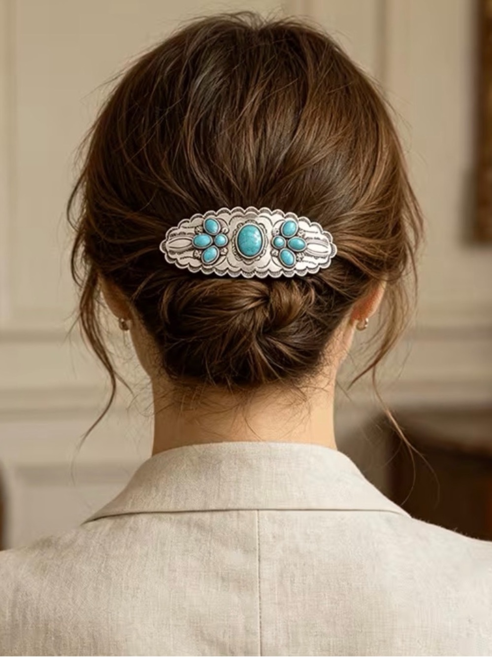 Turquoise Stone Silver Hair Barrette - Women Accessories Western Barrette